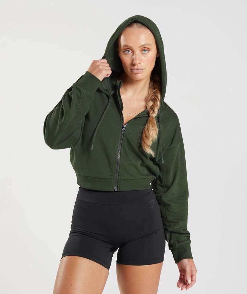 Bluzy Z Kapturem Gymshark GS Power Cropped Zip Damskie Oliwkowe | PL 617KJX